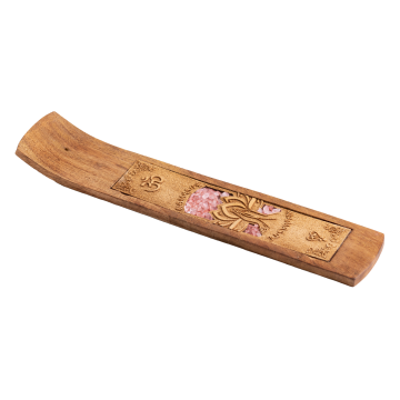 Namaste mit Rosenquarz, Holzhalter für Räucherstäbchen