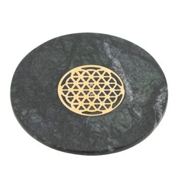 Blume des Lebens Räucherstäbchenhalter aus grünem Marmor mit Messingeinlage