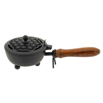 Tragegefäß Blume des Lebens – Räucherpfanne aus Eisen mit Holzgriff