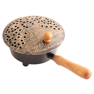 Tragegefäß Buddha – Räucherpfanne aus Eisen mit Holzgriff